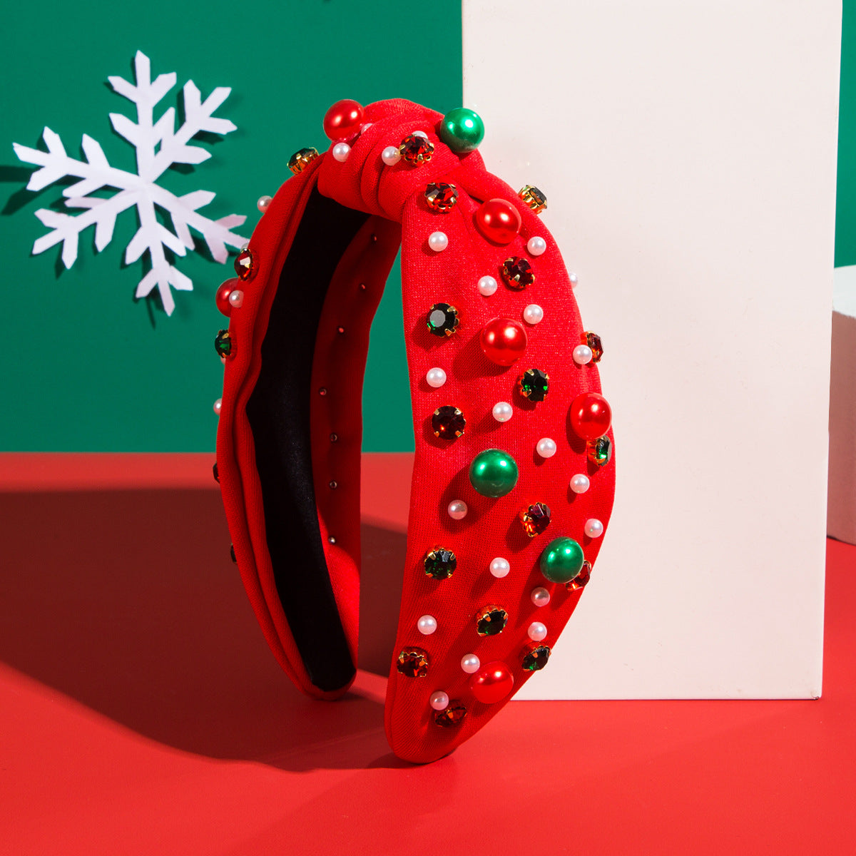 Wholesale Christmas hair band red green plastic flower accessories pearl hair accessories